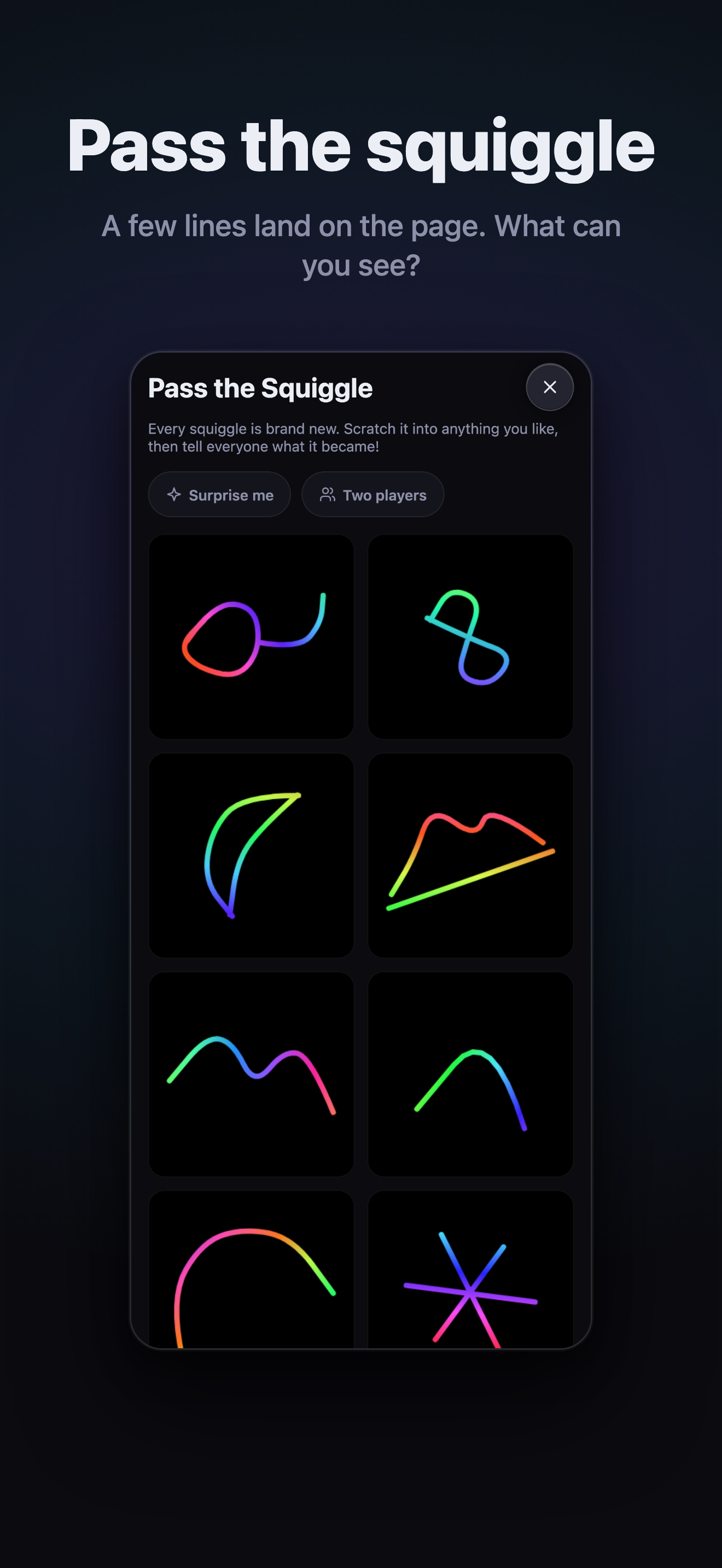 Pass the Squiggle, a grid of starting squiggles to turn into pictures